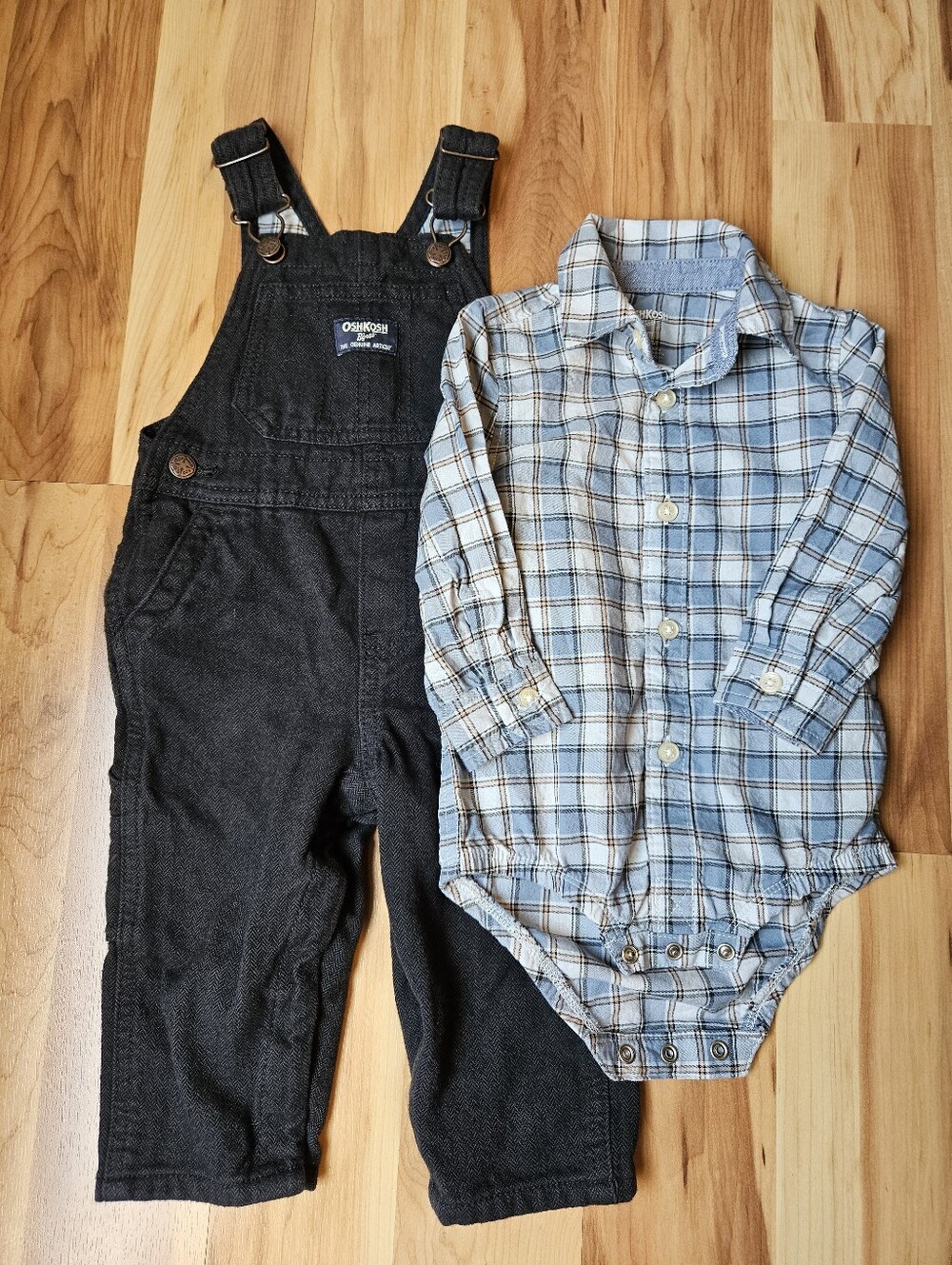OshKosh B'gosh Black Denim Overalls with Light Blue Plaid Bodysuit Onesie 12 Mo
